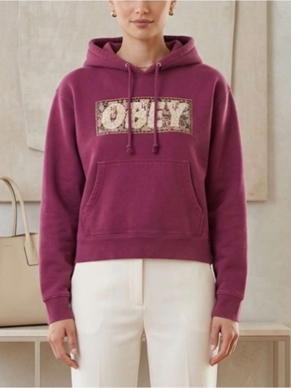 Obey Worldwide Maroon Boxy Y2K Style Pullover Hoodie Sweatshirt - Size Small